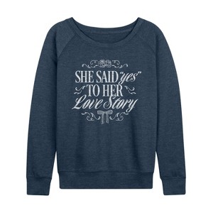 Women's - Instant Message - Yes To Her Love Story Lightweight French Terry Wide Neck Long Sleeve Graphic Shirt - 1 of 4