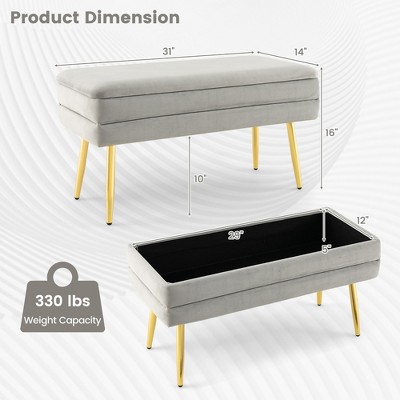 Grey Velvet Upholstered Storage Bench with Gold Metal Legs