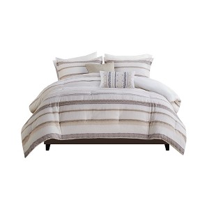 Gracie Mills Ismael Clipped Jacquard Stripe 5-Piece Comforter Set - King/California King - Neutral - 1 of 4