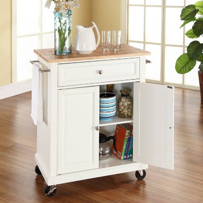 White Wood Kitchen Cart with Natural Top and Storage