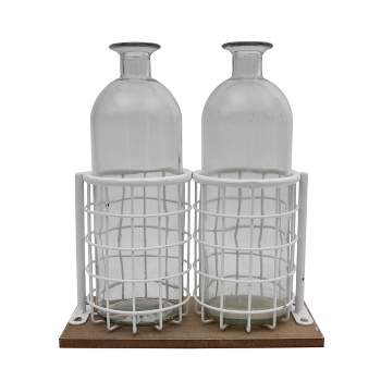 White Glass, Metal & Wood Vases with Holder - Foreside Home & Garden