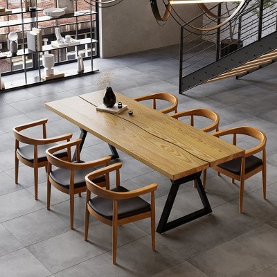Munora 70.9" Industrial Modern Wood Dining Table - Natural Wood Top with Black Metal Sled Base, Seats 6-8
