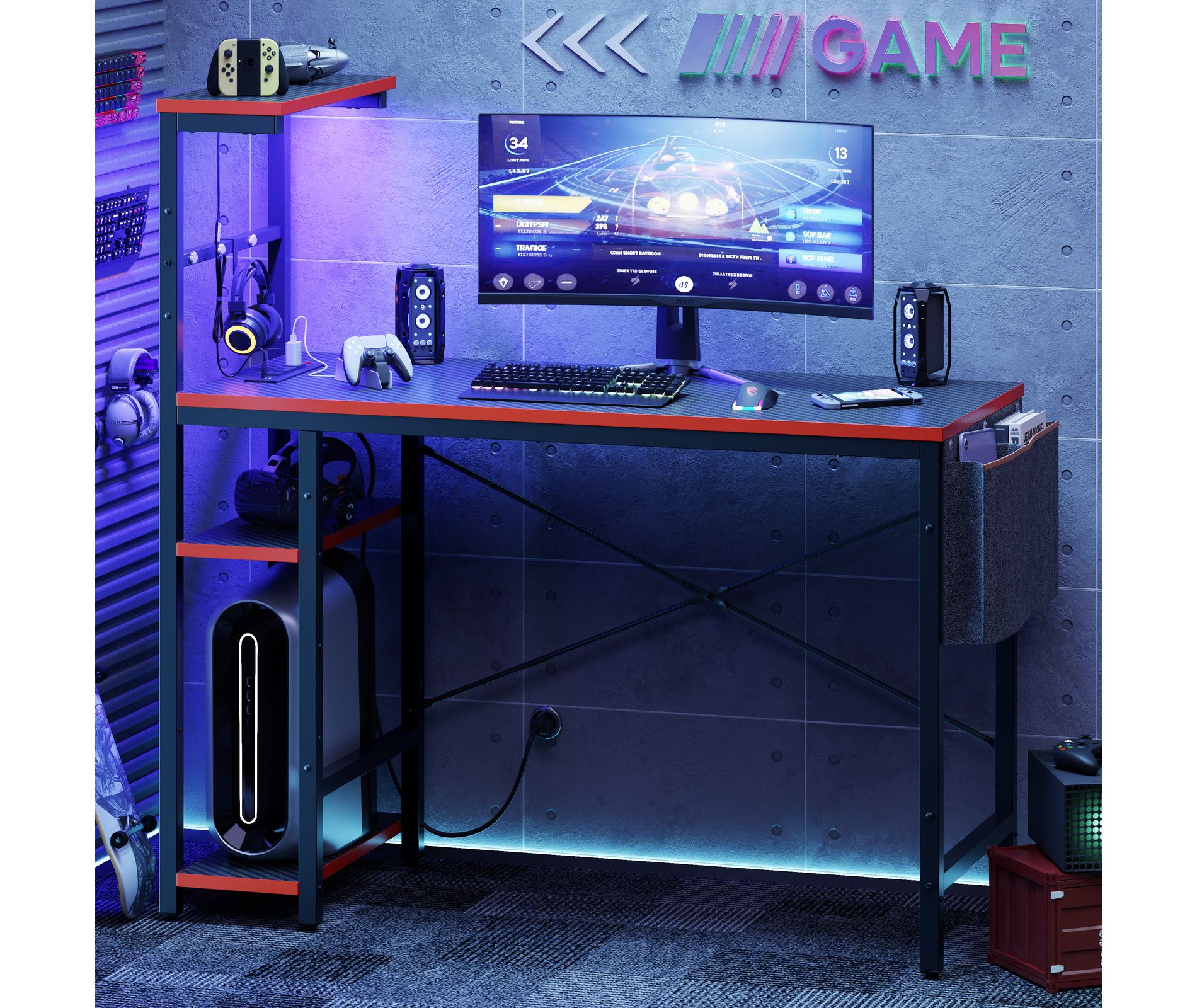 Bestier 44” Gaming Desk with Power Outlets & USB Ports, LED PC Gamer Desk with 4-Tier Storage Shelves, Computer Office Desk for Small Spaces
