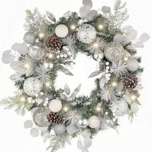 20 Inch Snow Flocked White Berry Winter Wreath with Twig and Leaf Artificial Wreaths for Front Door Porch Wall Window Fireplace - 1 of 4