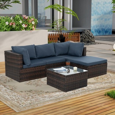 5pcs Outdoor Patio Furniture Set, Sectional Sofa Furniture With Conor Seat Chairs, Single Sofa, Ottoman, Coffee Table, Seasonal PE Wicker Furniture