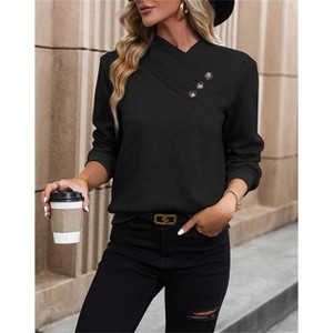 Women's Button Detail Pullover Sweatshirt Long Sleeve Casual Top - 1 of 4