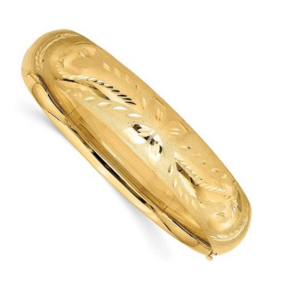 Black Bow Jewelry 14.5mm 14k Yellow Gold Florentine Engraved Hinged Bangle Bracelet, 8in
