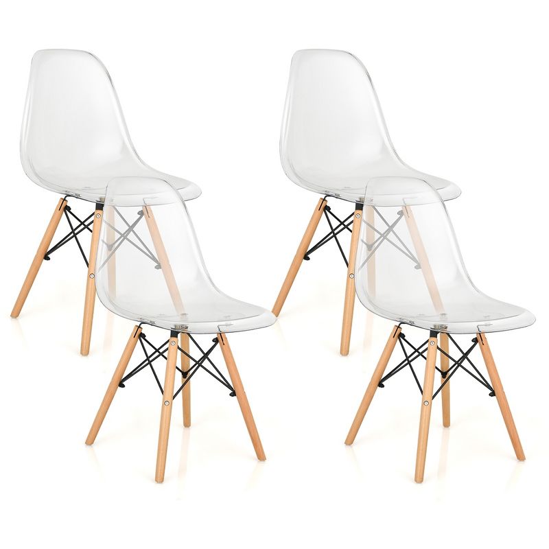 Set of 4 Dining Chairs Modern Plastic Shell Side Chair w/ Clear Seat & Wood Legs, 1 of 11