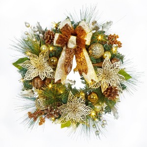 24" Christmas Wreath for Front Door, Prelit Christmas Wreath with Lights, Red Gold Ball Ornaments, Pine Cones &Bow for Fireplace Home Holiday Decor - 1 of 4