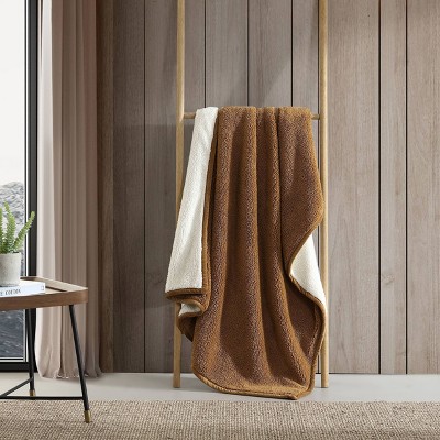 Bi-Colored Brown/Ivory Faux Shearling Reversible Throw Blanket