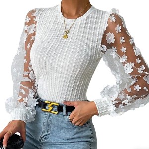 Womens Long Sleeve Crew Neck Lace Mesh Floral Knit Top - 1 of 4