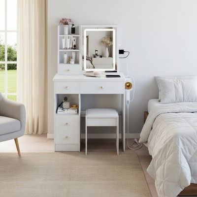 FONTOI 29.2"W/37"W/41"W Makeup Vanity Table with Left Drawer Stool Large Sliding Mirror Capacity Storage for Bedroom Dressing Room, White/Black