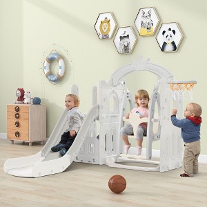 Five in one children's slide and swing set,independent climbing slide set with basketball hoop,gray,for boys and girls' birthday and New Year gifts - 1 of 4