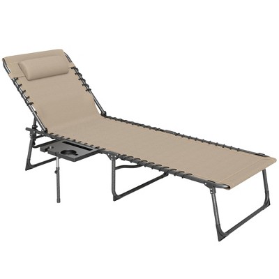 Outsunny Folding Chaise Lounge Chair Outdoor Tanning Chair with 5-Level Adjustable Back, Side Table, Pillow, Pocket for Yard, Beach, Pool