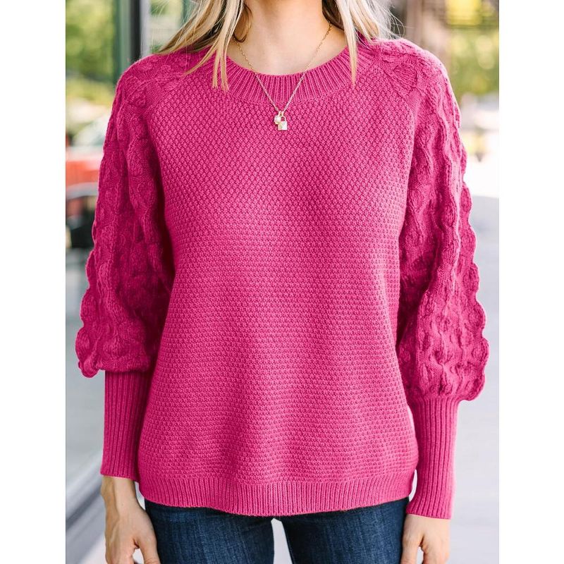 Womens Jersy Knit Chunky Sweaters with Puff Long Cuff Sleeve Comfy Pullover Sweater Crew Neck Jumper Solid Color Winter Sweater, 3 of 6