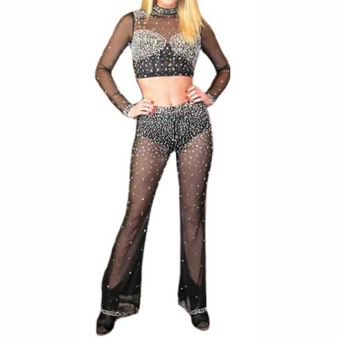 Women s Rhinestone Mesh Set Top Bottom BANJUL M