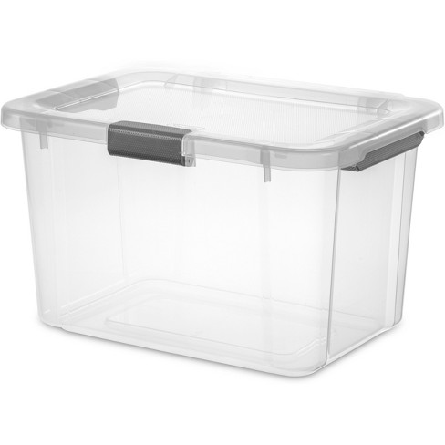 Sterilite 30 Qt Ultra Latch Box Stackable Storage Bin with Latching Lid,  Organize Crafts, Clothes in Closets, Basements, Clear with White Lid,  12-Pack