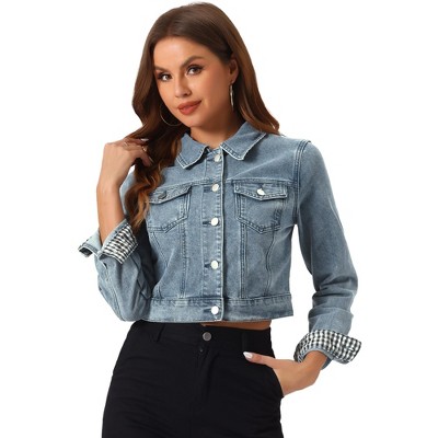 Allegra K Women's Solid Cropped Button-Down Plaid Cuffs Jean Jacket with Pockets