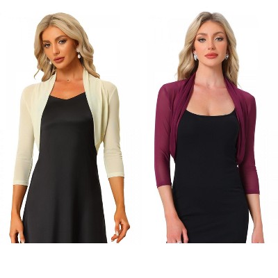 INSPIRE CHIC Women's Semi Sheer Open Front Elegant 3/4 Sleeves Mesh Crop Bolero Shrug 2 Packs