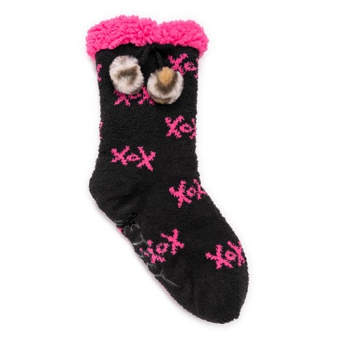 Betsey Johnson Betsey Johnson Fuzzy Sherpa Socks Hot Pink Black Soft Slip On 