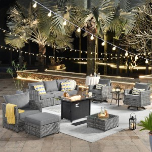 Tenaya 10pc Wicker Outdoor Patio Furniture Set Conversation Sofa with a Metal Fire Pit, Swivel Chairs and Cushions - 1 of 4