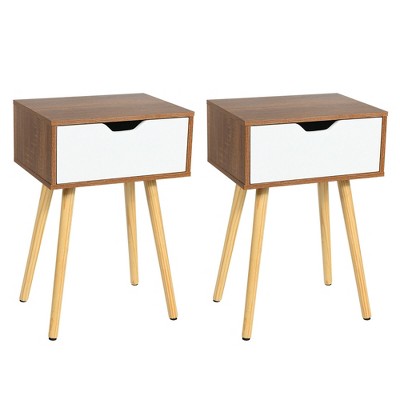 Costway 2PCS Nightstand End Side Sofa Table Storage Drawer Living Room W/Solid Wood Leg