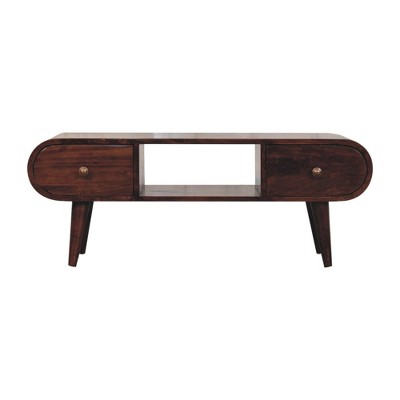 39" Solid Mango Wood California Circular TV Unit with 2 Drawers, Open Slot, and Nordic Legs for Living Room and Bedroom