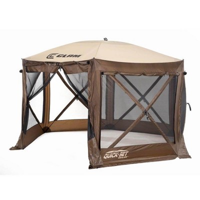 CLAM Quick-Set Pavilion 12.5 x 12.5 Foot Portable Pop-Up Outdoor Camping Gazebo Screen Tent 6 Sided Canopy Shelter w/ Ground Stakes & Carry Bag, Brown