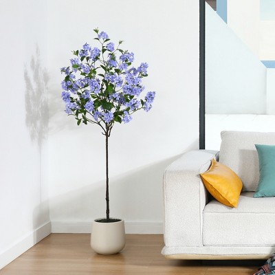 4FT/5FT Artificial Blue Plumbago Tree in White Planter: Indoor Decor Faux Plant with Blue-White Flowers for Home & Office