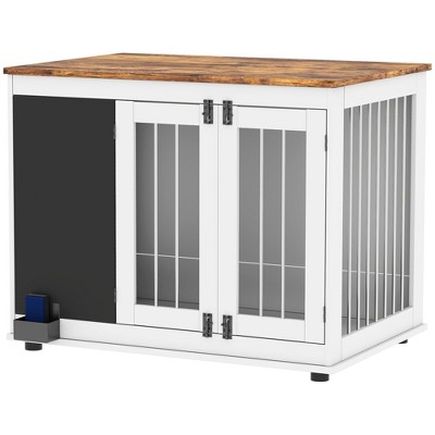 Skyzone 39" White Dog Crate Furniture: 3-Door Side Table with Blackboard, Non-Slip Pads for Large