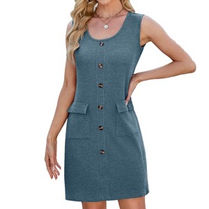 Women's Summer Sleeveless Mini Dress Casual Crewneck Button Tank Dresses Party Short T-Shirt Sundress with Pockets - 1 of 4