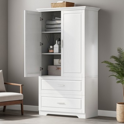63" Tall Bathroom Storage Cabinet, Cabinet with Two Doors and Drawers, Adjustable Shelf, MDF Board - Leovsnove