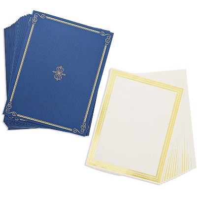 24-Pack Gold Foil Certificate Border Paper and Blue Holders Set (8.5" x 11")