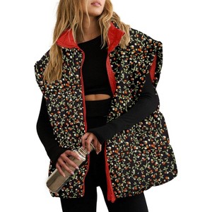 Imily Bela Womens Floral Quilted Puffer Coat Winter Warm Oversized Vest Cap Sleeve - 1 of 4