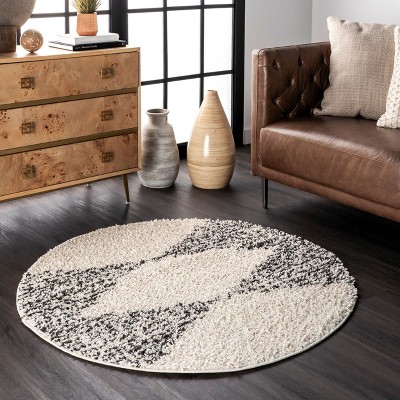 Off-White and Charcoal Round Braided Shag Rug, 4ft