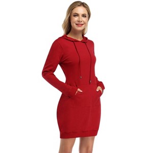 Womens Hoodie Dress Sweatshirt Pullover Kangaroo Casual Dress with Pocket - 1 of 3