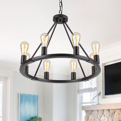 MaseiKar 23.6" 8 Lights Wagon Wheel Chandelier,Black Metal Round Industrial Vintage Kitchen Island Pendant Light for Living Dining Room Foyer Entryway
