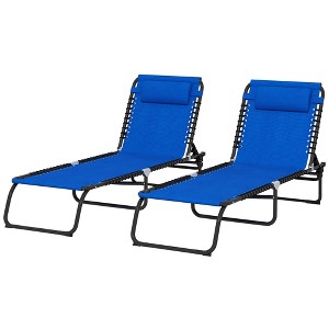 2 Folding Chaise Lounge Pool Chairs with 4-Position Reclining Back, Pillow, Breathable Mesh & Bungee Seat - 1 of 4