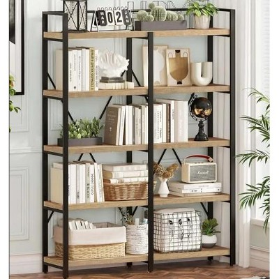Aoxun 5-Tier Brown Metal Frame Bookshelf, Industrial Storage Rack with Wood Shelves, Freestanding Organizer for Living Room or Home Office