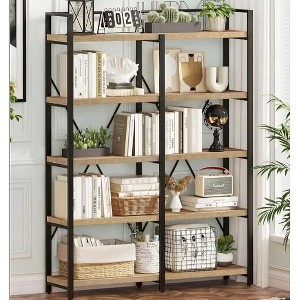 Aoxun 5-Tier Brown Metal Frame Bookshelf, Industrial Storage Rack with Wood Shelves, Freestanding Organizer for Living Room or Home Office - 1 of 1