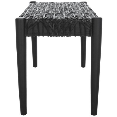 Alpine Elegance Black Cowhide Leather and Teak Bench, 47"