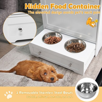 White MDF Dog Feeding Station with Storage Cabinet and Stainless Steel Bowls