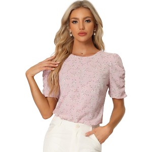INSPIRE CHIC Women's Floral Summer Crew Neck Casual Shirred Short Sleeve Blouse - 1 of 4