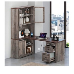 L-Shaped Farmhouse Executive Desk With Hutch & Drawers Wood Corner Computer Desk With Built-In Power Outlet - 1 of 4