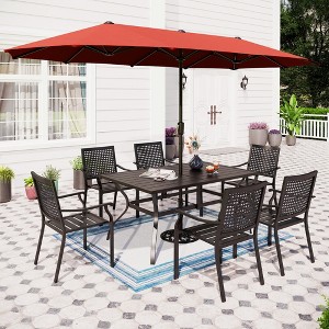Captiva Designs 8pc Patio Slat-top Dining Steel Table & Stackable Steel Chairs & Market Umbrella - 1 of 4