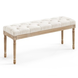 Arceso Bedroom Bench, Vintage French Tufted End of Bed Bench, Upholstered Fabric Ottoman Bench with Carved Wood Legs - 1 of 4