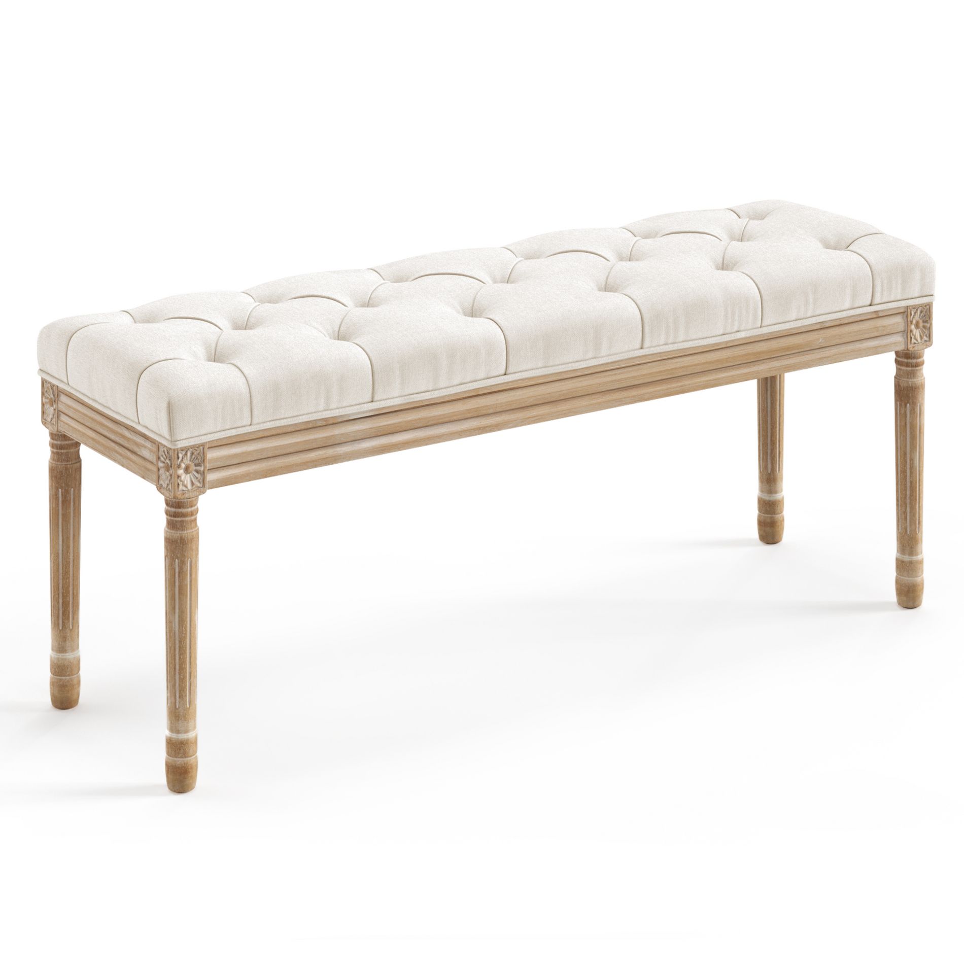 Arceso Bedroom Bench, Vintage French Tufted End of Bed Bench, Upholstered Fabric Ottoman Bench with Carved Wood Legs