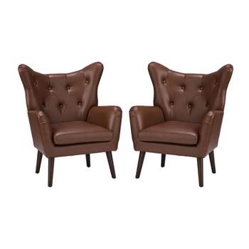 Set of 2 Leonhard Upholstered Mid-century Modern Vegan Leather Armchair with Flared Arms for Bedroom | ARTFUL LIVING DESIGN
