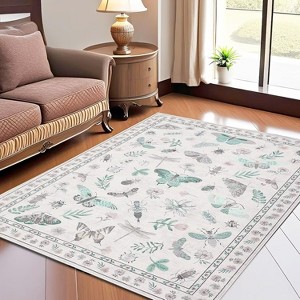 Floral Insect Print Washable Area Rugs for Living Room, Modern Non Slip Low Pile Area Rug - 1 of 4