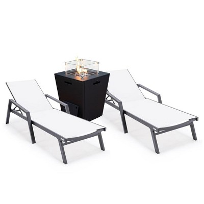 LeisureMod Marlin Patio Lounge Chairs with Arms and Fire Pit Side Table - Black Trim, Set of 2